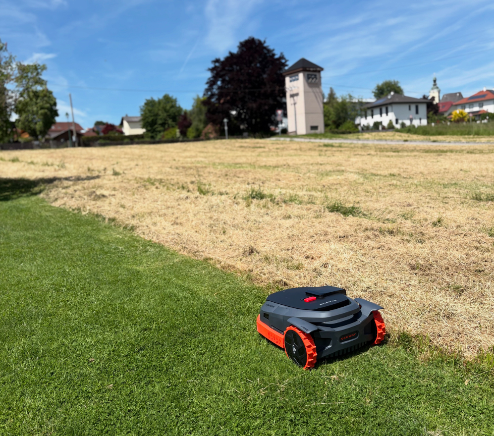 Automatisch gemähter Rasen mit Mähroboter im Einsatz